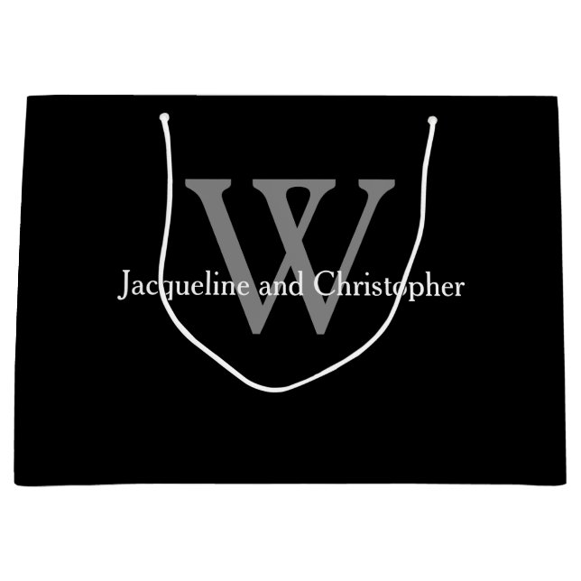 Grand Sac Cadeau Mariage Moderne Monogramme Et Noms Chic Noir (Devant)