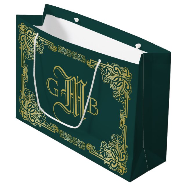 Grand Sac Cadeau Mariage Monogramme Classic Gold Frame Dark Green (Devant Angle)