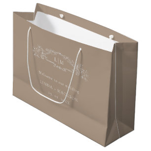 Grand Sac Cadeau Mariage monogramme de la crête botanique de Taupe