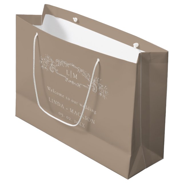 Grand Sac Cadeau Mariage monogramme de la crête botanique de Taupe (Devant Angle)