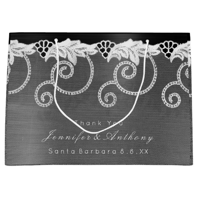 Grand Sac Cadeau Mariage personnalisé noir blanc dentelle royale (Devant)