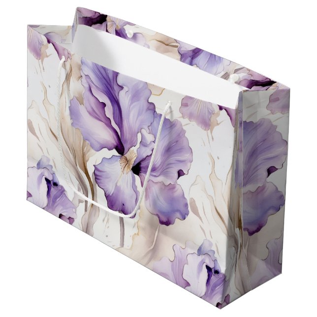 Grand Sac Cadeau Mariage Romantique Fleur d'Iris Crème Violette (Devant Angle)