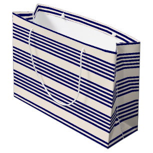 Grand Sac Cadeau Marine bleu et beige cinq bandes motif