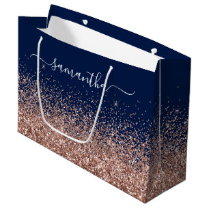Grand Sac Cadeau Marine Blue and Rose Gold Parties scintillant Nom 
