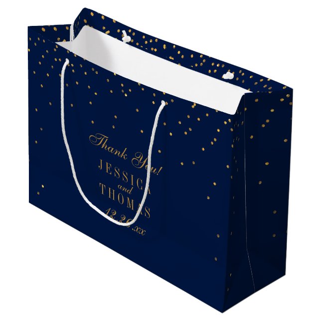 Grand Sac Cadeau Marine Blue & Glam Gold Confetti Mariage Faveur (Devant Angle)