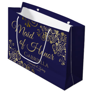 Grand Sac Cadeau Marine Blue & Gold Lace Maid of Honor Mariage