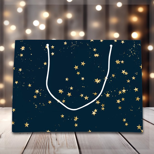 Grand Sac Cadeau Marine Blue & Gold Stars | Noël (Créateur téléchargé)