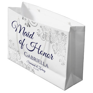 Grand Sac Cadeau Marine en dentelle d'argent sur la servante blanch