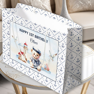 Grand Sac Cadeau Marine Nautique Cute Bear Boy 1er Anniversaire