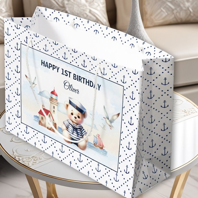 Grand Sac Cadeau Marine Nautique Cute Bear Boy 1er Anniversaire (Nautical Sailor Cute Bear Boy 1st Birthday Large Gift Bag)