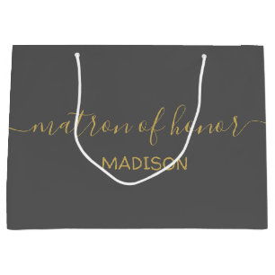Grand Sac Cadeau Matron d'honneur Nom Girly Gold Script Gris