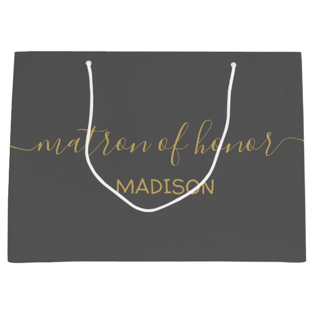 Grand Sac Cadeau Matron d'honneur Nom Girly Gold Script Gris (Devant)