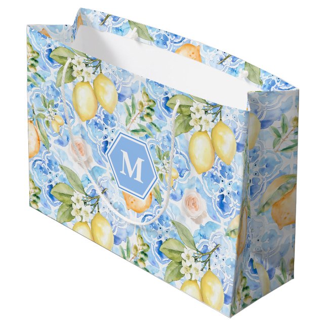Grand Sac Cadeau Mediterranean Blue Tile Limoncello Monogram Name (Dos Angle)