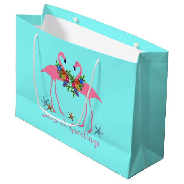 Grand Sac Cadeau Mer et salutations Flamant rose Couple Aqua (Devant Angle)