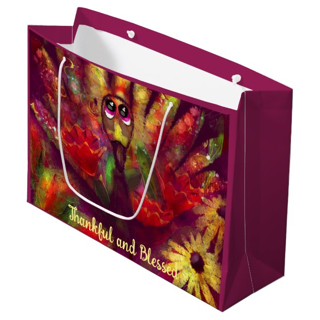 Grand Sac Cadeau Merci Bienheureux Thanksgiving Turquie Floral Roug (Devant Angle)