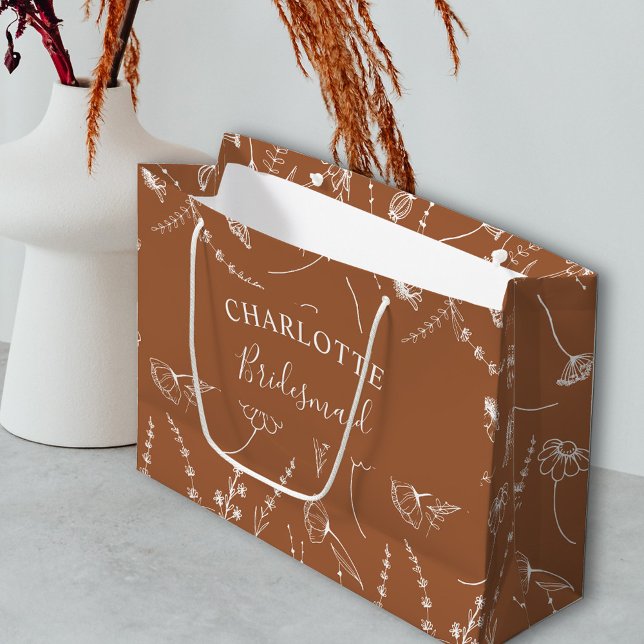 Grand Sac Cadeau Merci de la fête des Fleurs sauvages de terre cuit (Bridesmaid Gift Bag in Terracotta Burnt Orange, from my Wildflower Sketch collection)