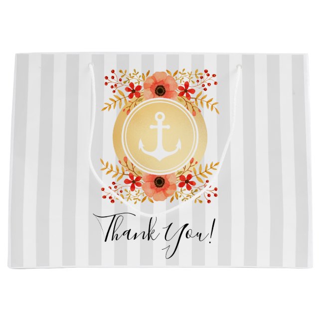 Grand Sac Cadeau Merci floral d'aquarelle nautique d'Ancre d'or (Devant)