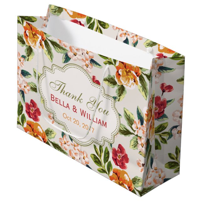 Grand Sac Cadeau Merci - Personnalisé Élégant Design Floral (Devant Angle)