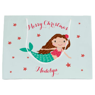 Grand Sac Cadeau Mermaid Christmas Red Aqua Personnalisé