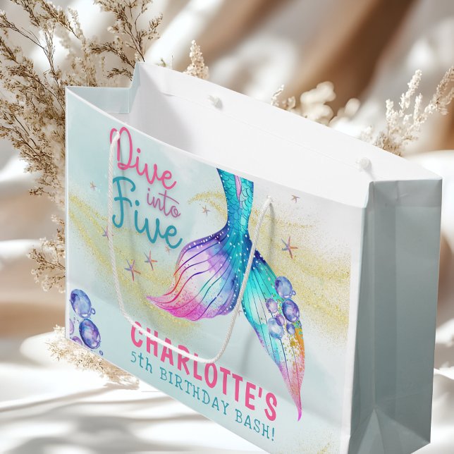 Grand Sac Cadeau Mermaid Tail Glitter Dive into Five birthday (Créateur téléchargé)