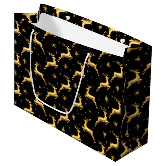 Grand Sac Cadeau Metallic Gold and Black Reindeer and Stars (Devant Angle)