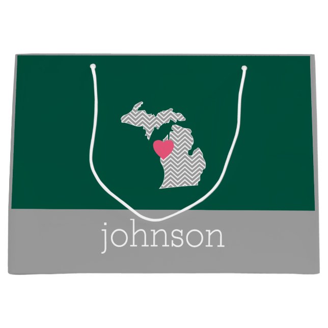 Grand Sac Cadeau Michigan State Map with Custom Love Heart and Name (Devant)