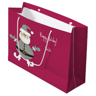 Grand Sac Cadeau Mignon illustration de Noël de Père Noël à carreau