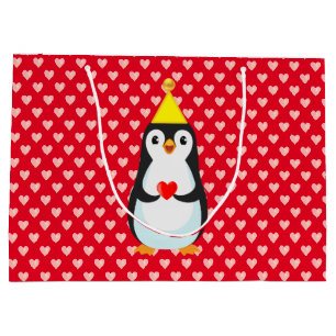 Grand Sac Cadeau Mignon manchot avec cœur sur fond rouge