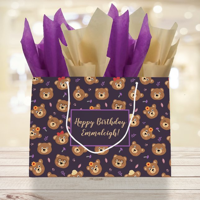 Grand Sac Cadeau Mignonne Teddy Face d'ours | Personnalisé pourpre (Créateur téléchargé)