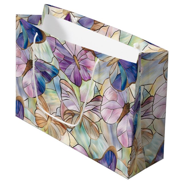 Grand Sac Cadeau Mint Aqua Bleu Papillons pourpres (Devant Angle)