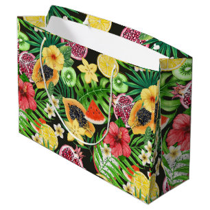 Grand Sac Cadeau Mix-fruits tropicaux, fleurs et feuilles en noir