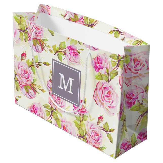 Grand Sac Cadeau Modèle floral personnalisé Vieux Rose Monogramme L (Dos Angle)