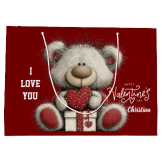 Grand Sac Cadeau Modern Cute Bear Happy Valentines Day Name 