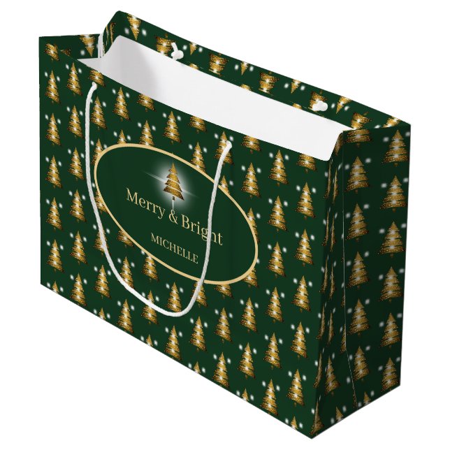 Grand Sac Cadeau Modern Golden Glitter Green Christmas Tree  (Devant Angle)