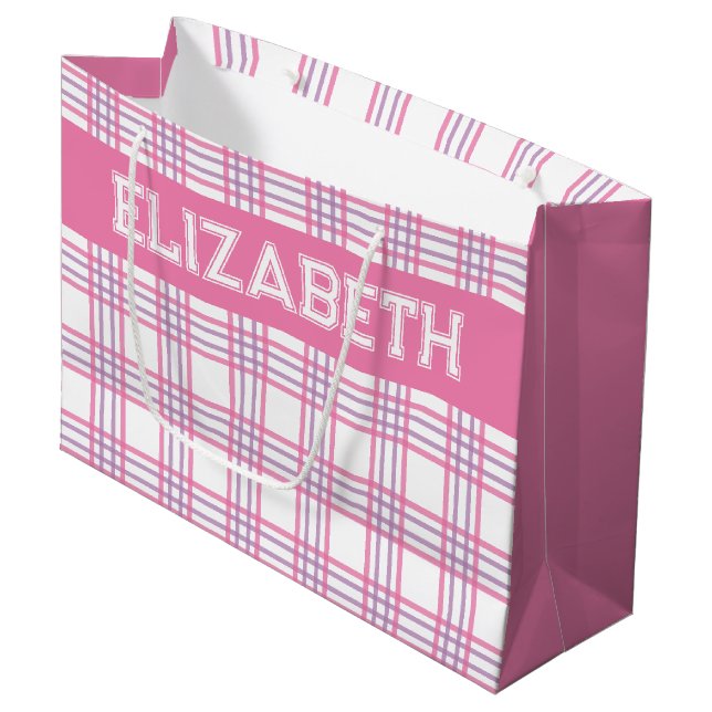 Grand Sac Cadeau Modern Preppy Plaid Pink Purple Pattern (Devant Angle)