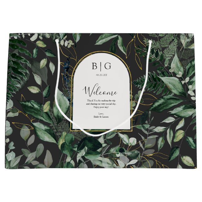 Grand Sac Cadeau Moderne design aquarelle feuillage mariage accueil (Devant)