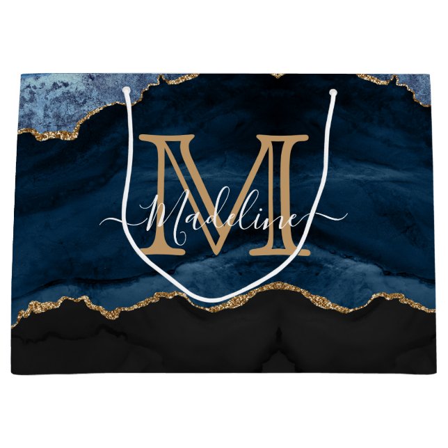 Grand Sac Cadeau Moderne Elégant Marine Blue Agate Géode Monogramme (Devant)