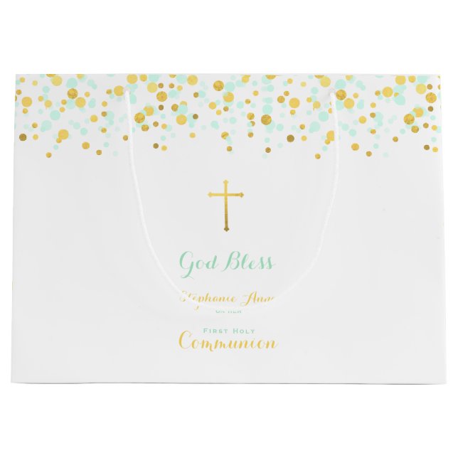 Grand Sac Cadeau Monnaie Communion et Confetti Or (Devant)