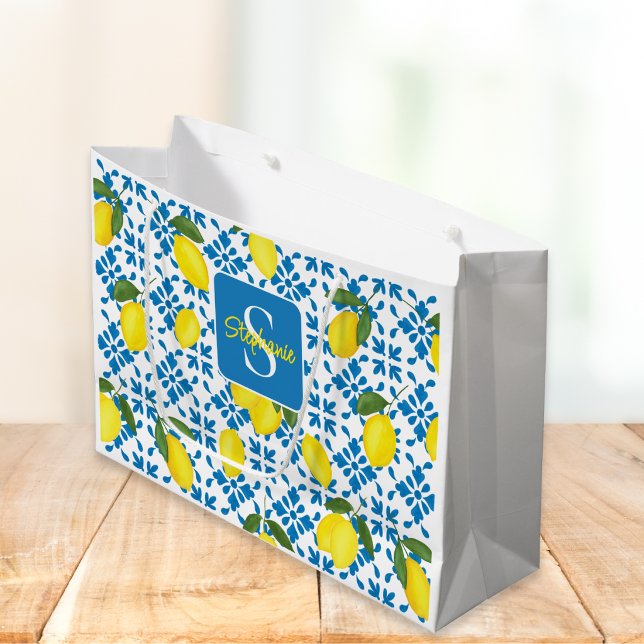 Grand Sac Cadeau Monogram Blue Tile French Country Lemon Pattern  (Créateur téléchargé)