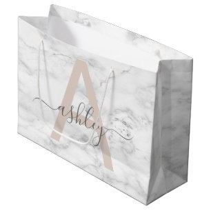 Grand Sac Cadeau Monogramme Chic Blush Pink Marbre blanc Nom du scr