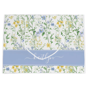 Grand Sac Cadeau Monogramme de fleur sauvage à l'aquarelle bleue