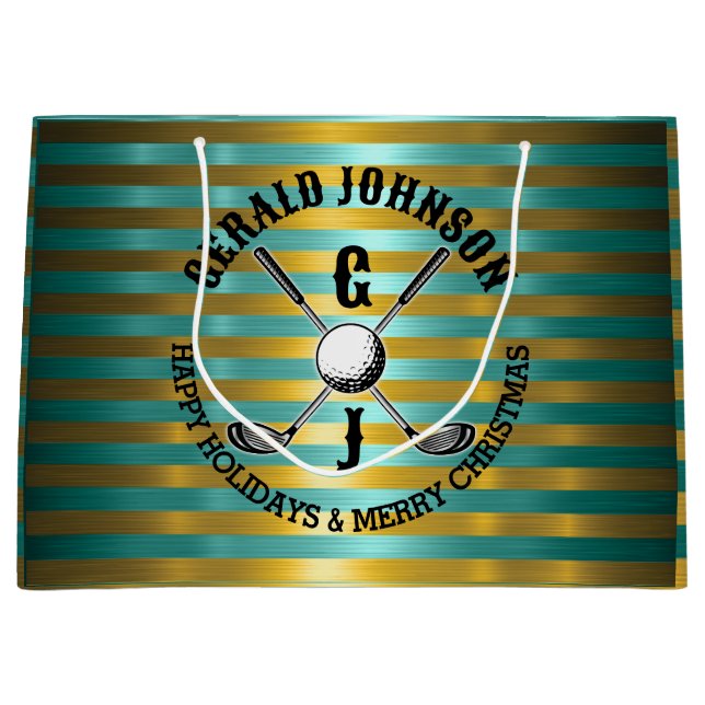 Grand Sac Cadeau Monogramme de golf vert métallisé élégant (Devant)