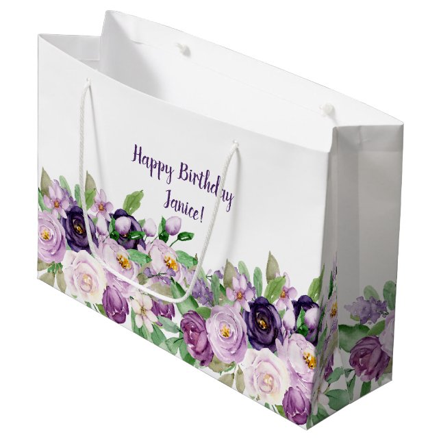 Grand Sac Cadeau Monogramme des grands Roses pourpres et de lavande (Devant Angle)