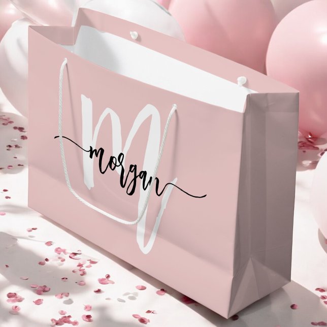 Grand Sac Cadeau Monogramme Design moderne Blush Pink Script (Créateur téléchargé)