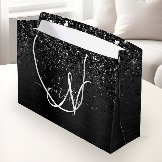 Grand Sac Cadeau Monogramme d'étincelle à Parties scintillant noire (Créateur téléchargé)