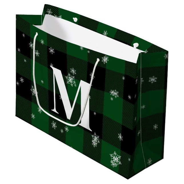 Grand Sac Cadeau Monogramme d'hiver initial de Plaid vert et de flo (Devant Angle)