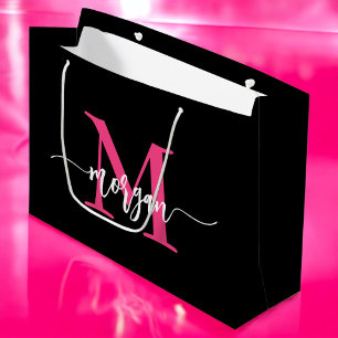 Grand Sac Cadeau Monogramme élégant moderne rose chaud noir