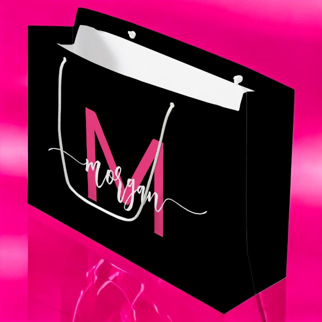 Grand Sac Cadeau Monogramme élégant Noir moderne rose chaud (Créateur téléchargé)