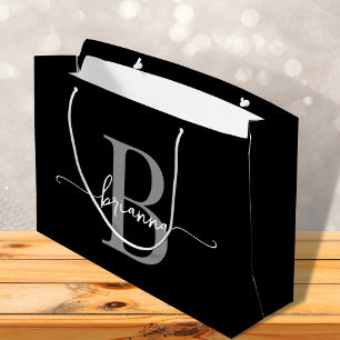 Grand Sac Cadeau Monogramme élégant Script initial Noir moderne Gri