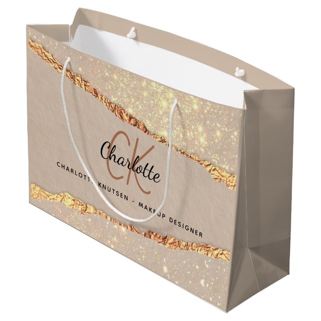 Grand Sac Cadeau Monogramme en marbre d'or beige (Dos Angle)